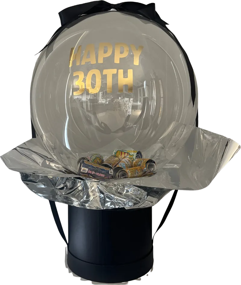 Happy 30th balloon in clear and gold