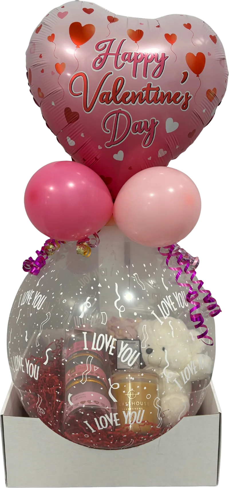 Valentine’s heart, pink — clear bubble balloon with a pink heart topper